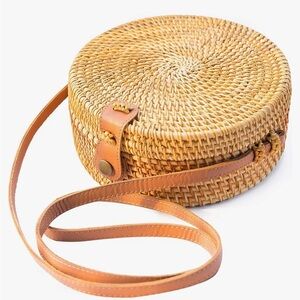 Round Straw Bag Shoulder Leather Straps